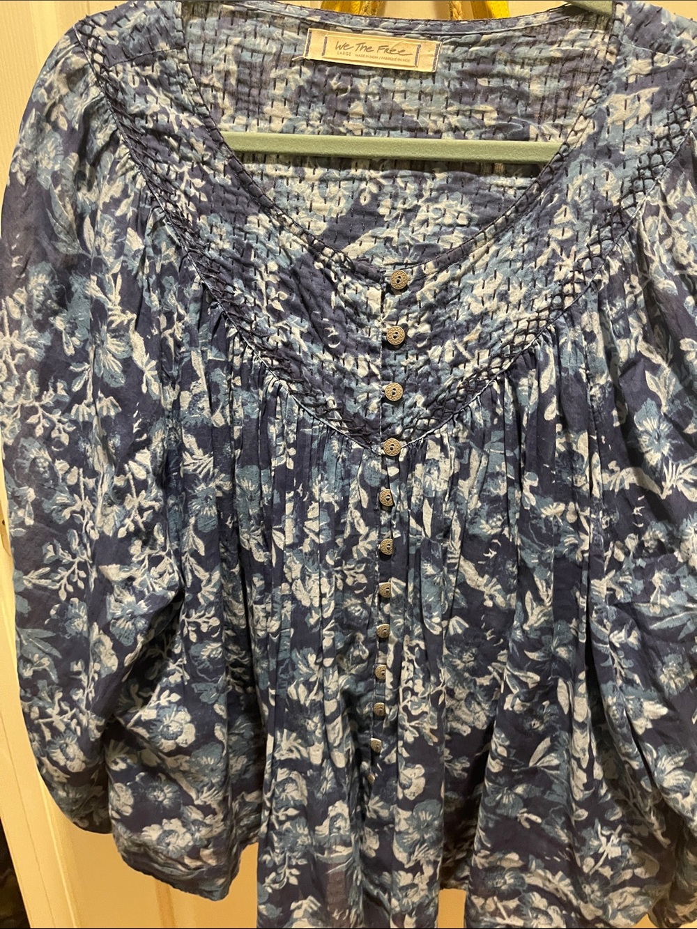 We The Free Navy Blue Floral Smocked Button-Front Top